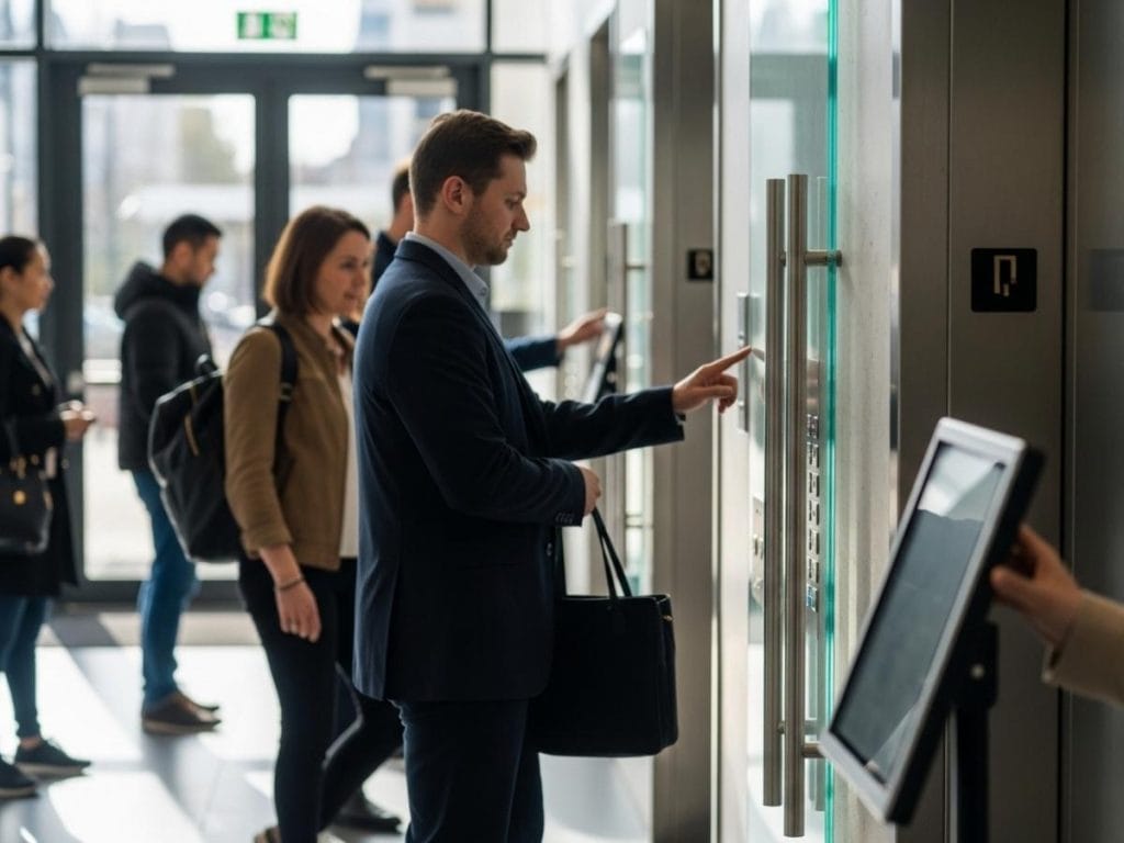 Busy office lobby showing people interacting with high-touch surfaces like elevator buttons and door handles