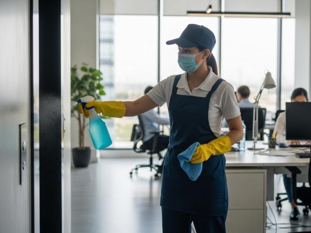 Cleaning staff disinfecting high-touch surfaces in a modern office to maintain workplace hygiene and safety