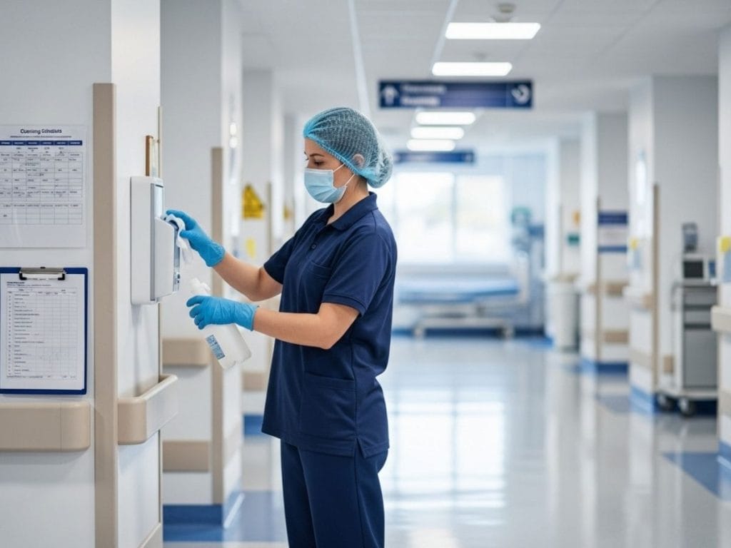 Hospital cleaning staff disinfecting surfaces with documented cleaning schedule to support infection control and compliance.