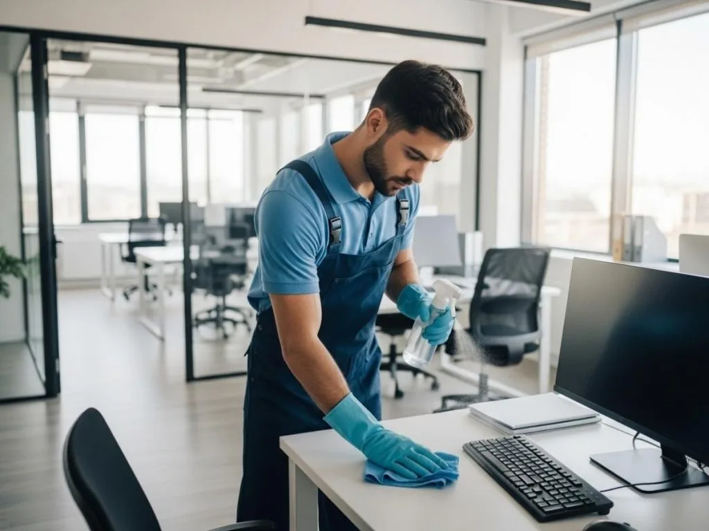 Professional commercial cleaner disinfecting desks in a modern office to maintain workplace hygiene and compliance.