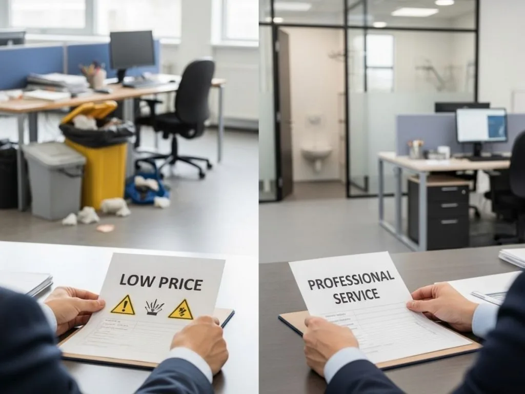 Office manager comparing a cheap cleaning quote with a professional service while observing differences in office cleanliness.