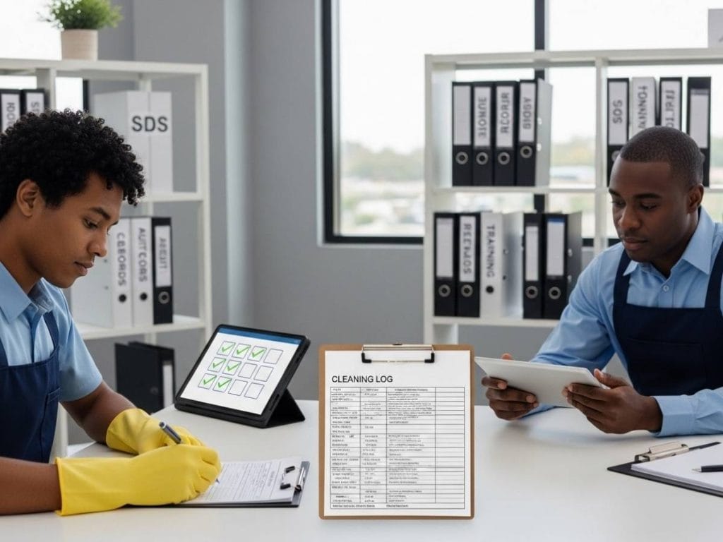 Workplace cleaning staff completing compliance documentation and supervisor verifying records in a modern facility.