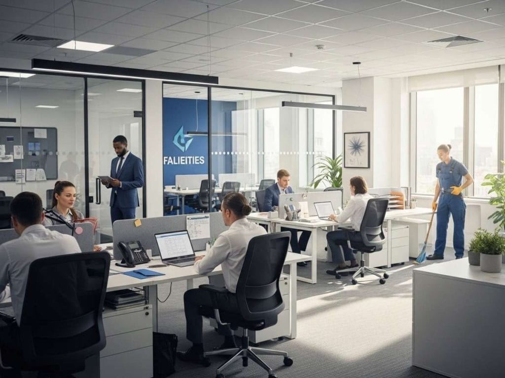 Clean corporate office with employees working productively in a well-maintained, professional environment