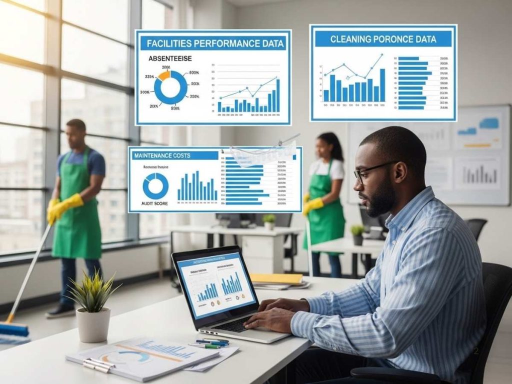 Facilities manager evaluating commercial cleaning ROI with performance metrics in a modern office setting.