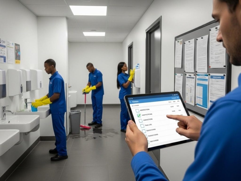 Cleaning supervisor auditing tasks with digital checklist while staff maintain compliance in a commercial building