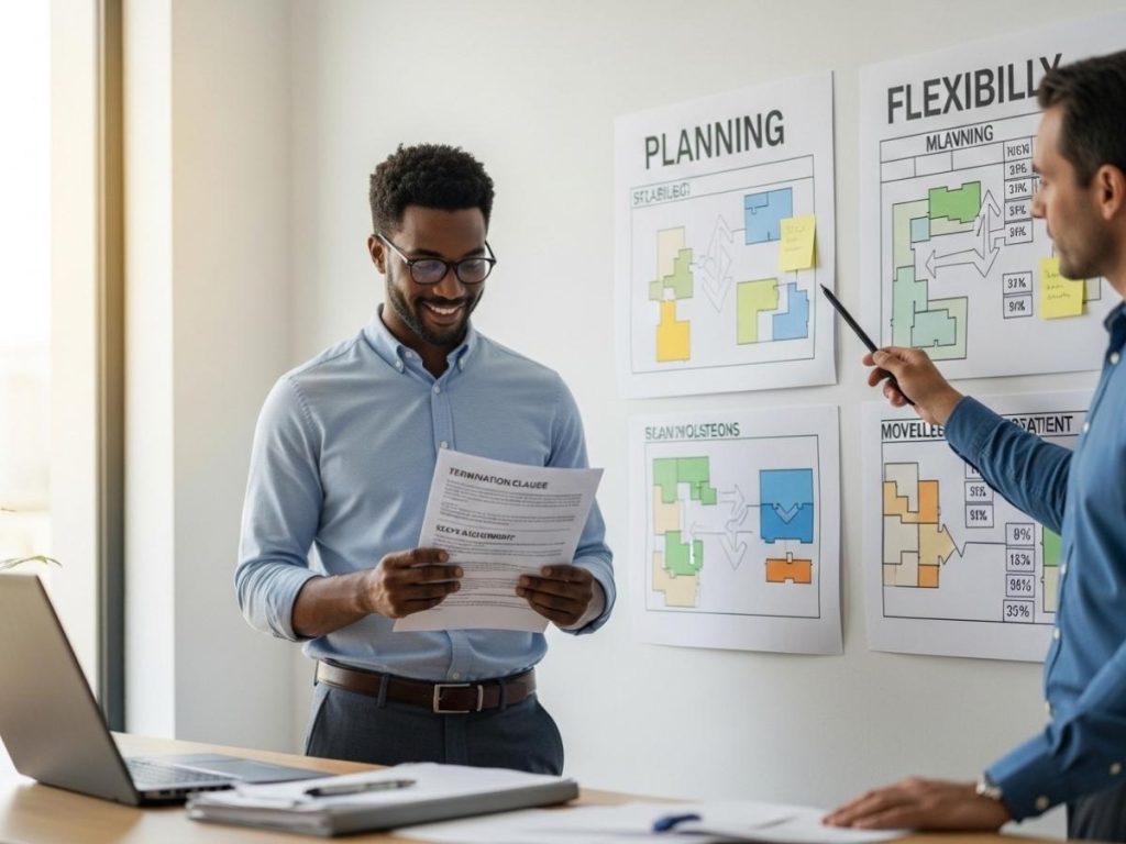 Facility manager reviewing a flexible cleaning contract with termination clauses and adjustable scope in a modern office
