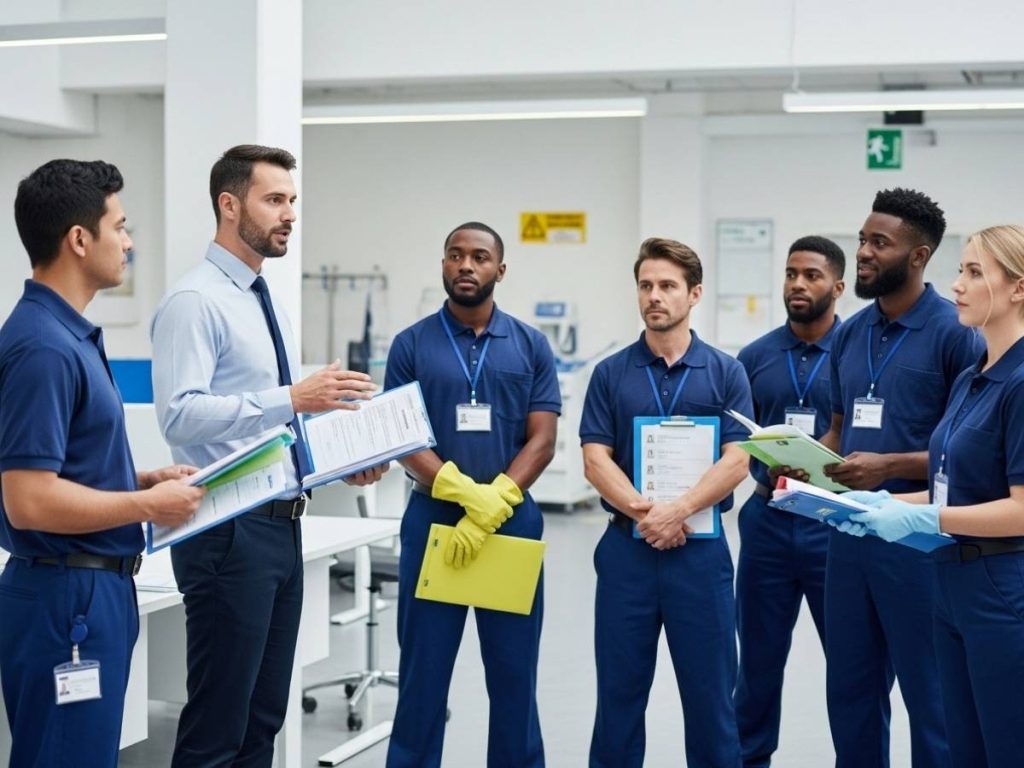 Commercial cleaning supervisor leading trained staff in a structured briefing within a high-compliance facility