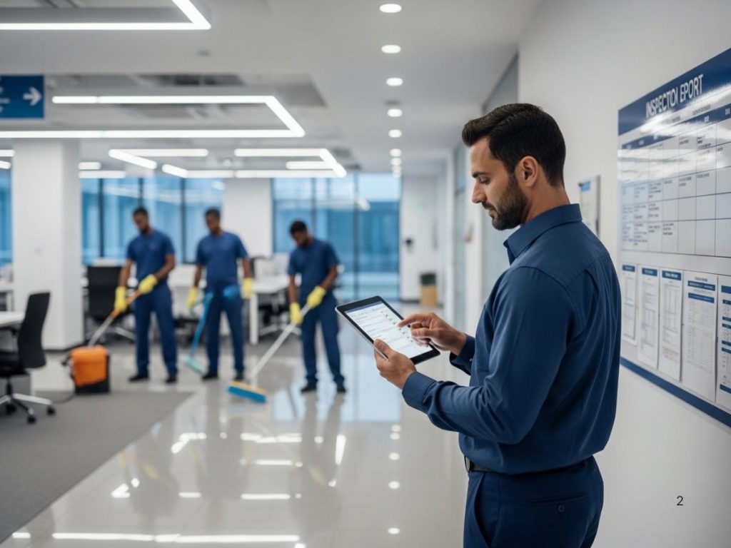 After-hours commercial cleaning team with supervisor reviewing inspection checklist in a modern office setting.