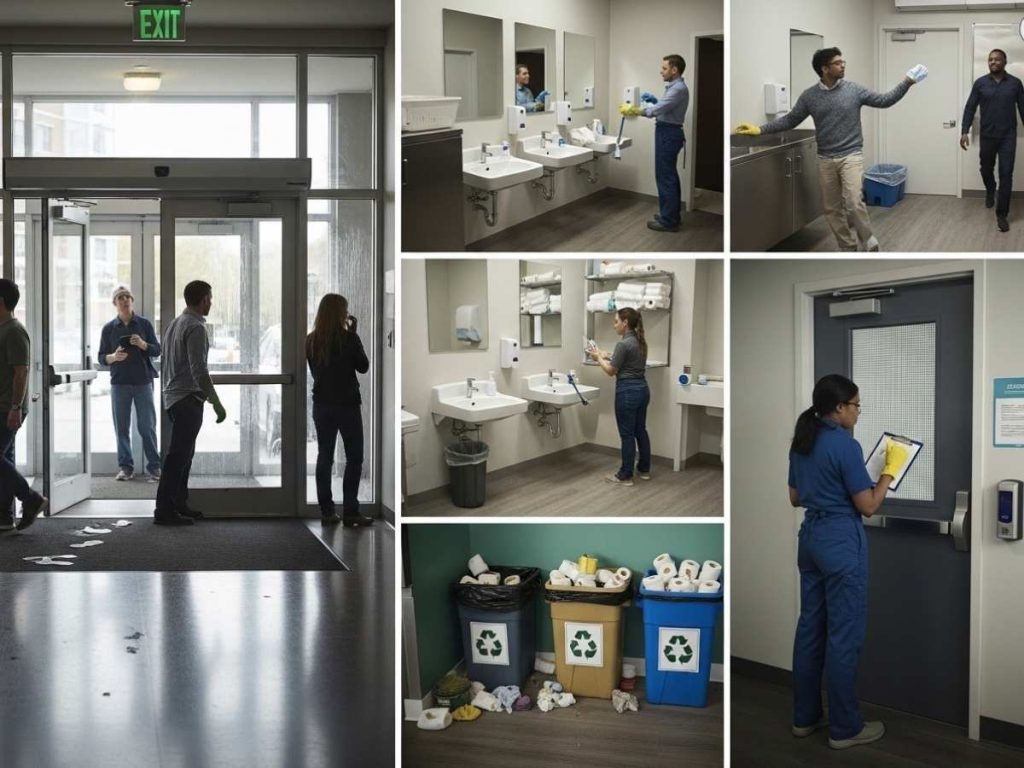 Shared commercial building spaces showing cleaning issues like messy lobby, washroom shortages, and waste overflow
