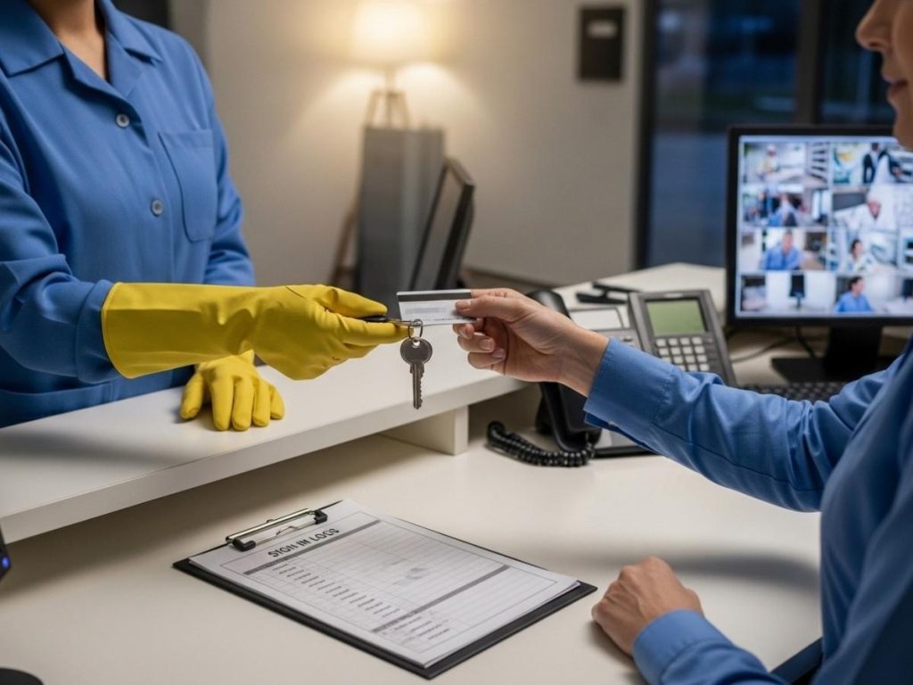 Cleaning staff exchanging keys and access credentials at a security desk during a facility handover