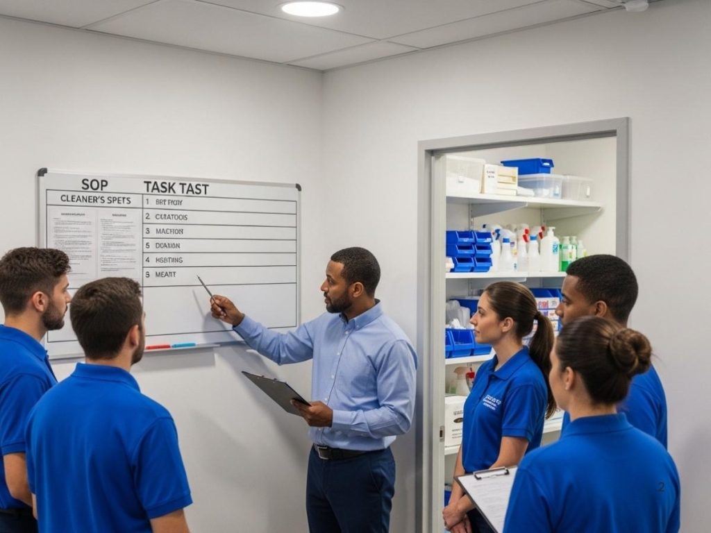 Cleaning team reviewing clear standards and tasks during a pre-shift huddle in a well-organized facility.