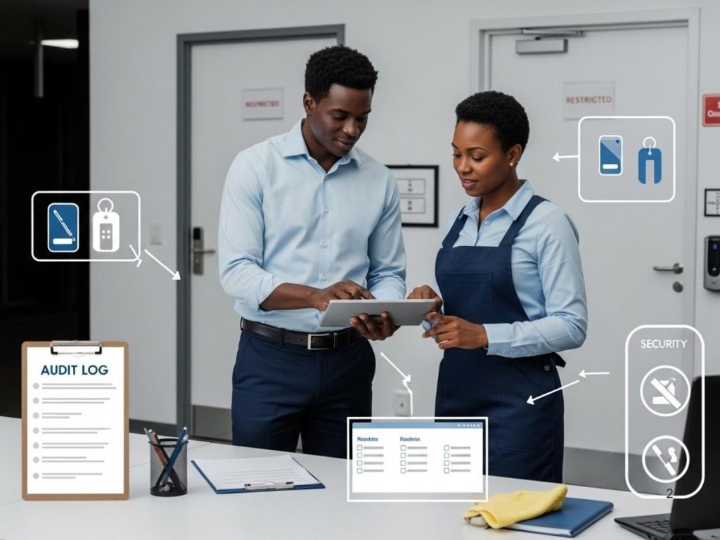 Facility manager and cleaning supervisor coordinating security, communication, and compliance procedures in a modern building.