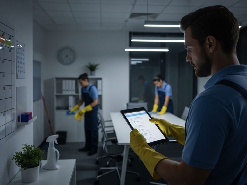 Night cleaning supervisor reviewing quality assurance checklist while team performs office cleaning tasks
