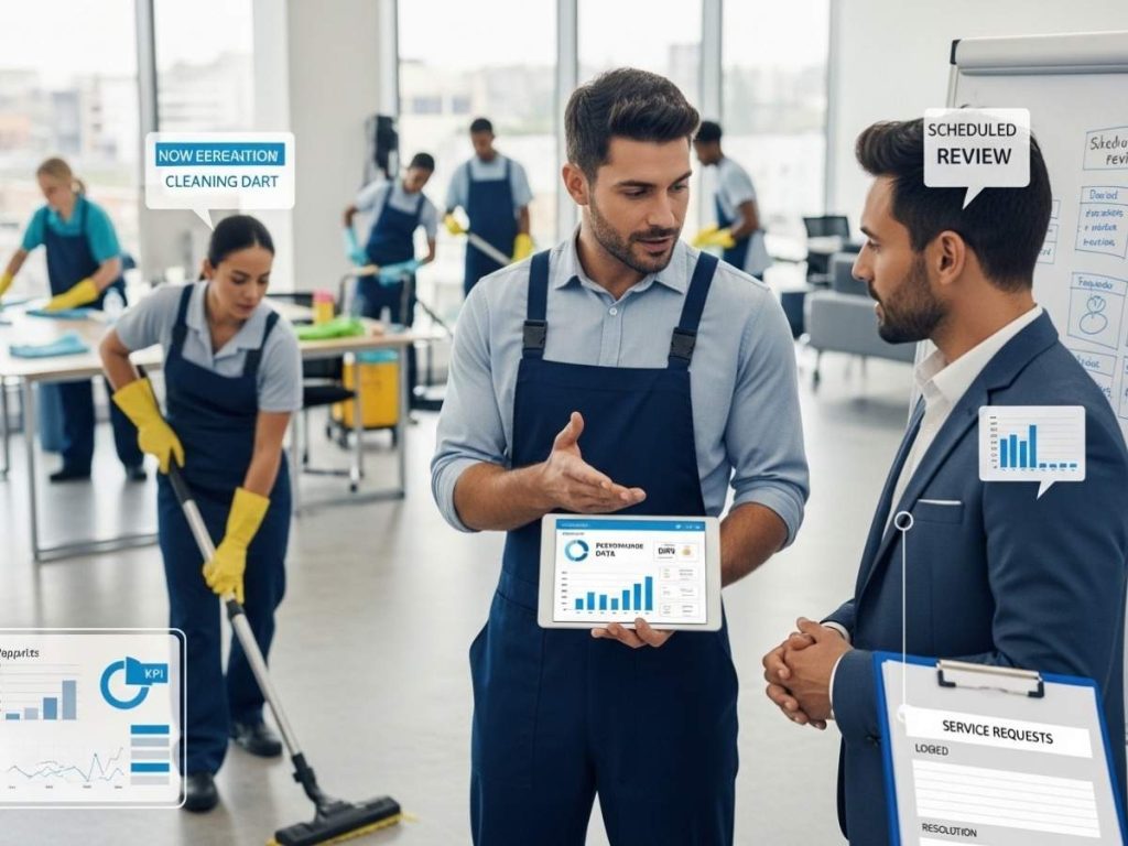 Cleaning supervisor discussing performance reports with a facility manager in a modern office while cleaning staff work in the background