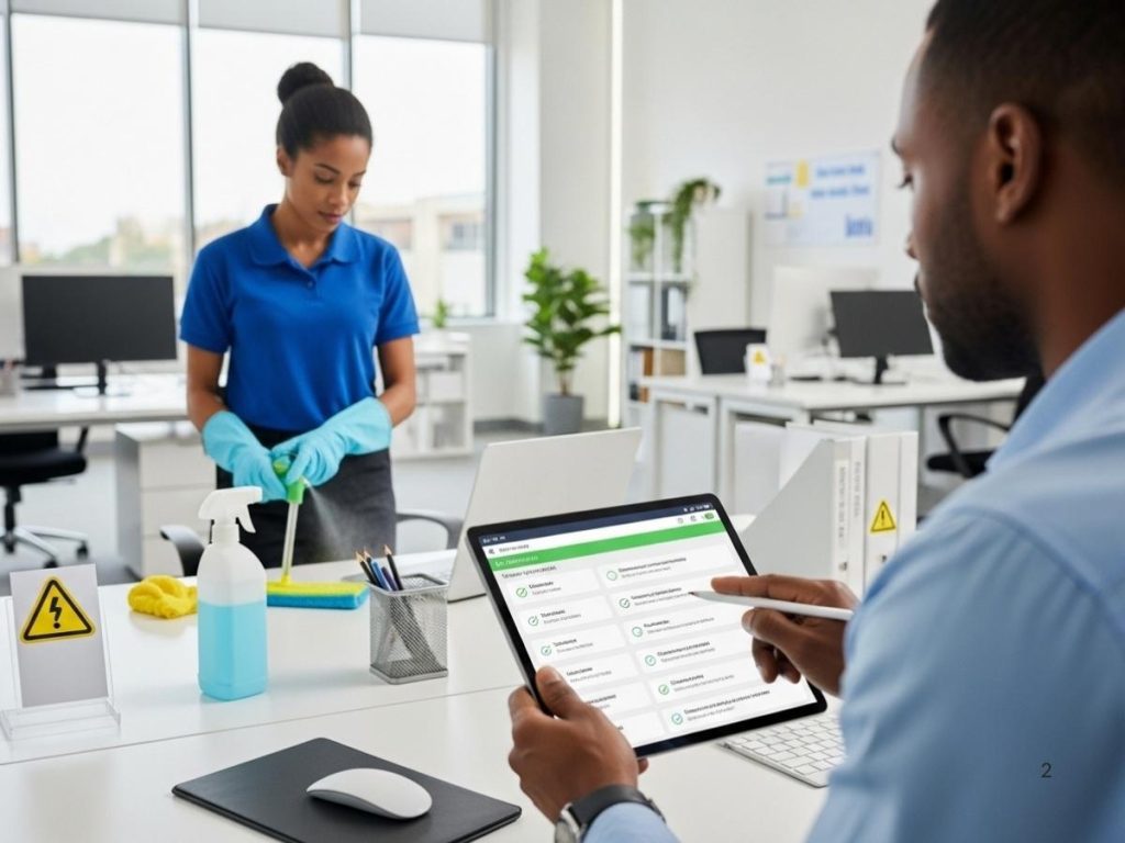 Office cleaner disinfecting workspace while manager reviews hygiene compliance checklist in a modern office.