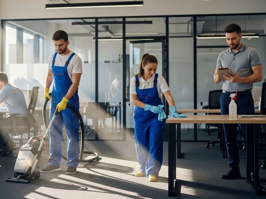 Professional cleaners maintaining workplace hygiene and air quality in a modern office environment with documented compliance.