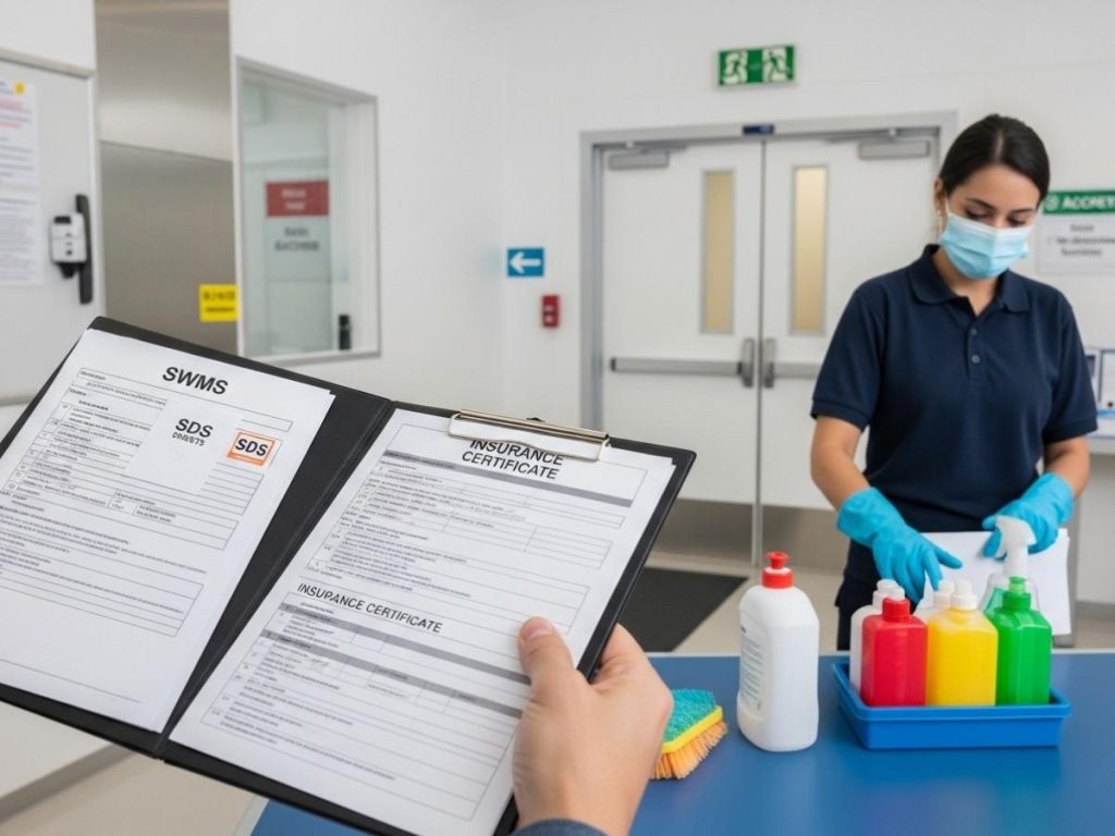 Safety auditor reviewing cleaning compliance documents and PPE practices in a professional workplace setting