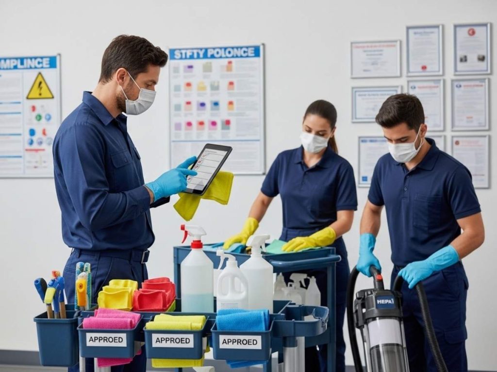 Cleaning staff following safety and compliance protocols with PPE, equipment standards, and supervisor oversight in a commercial facility
