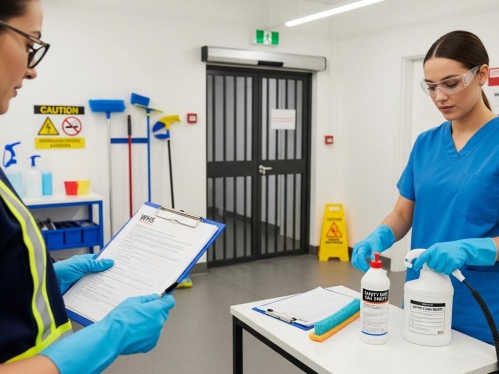 Cleaning staff following WHS safety procedures while a supervisor reviews compliance documents in a professional facility