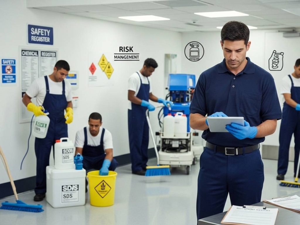 Cleaning supervisor overseeing safety compliance and risk management in a commercial facility with staff following PPE and safety protocols