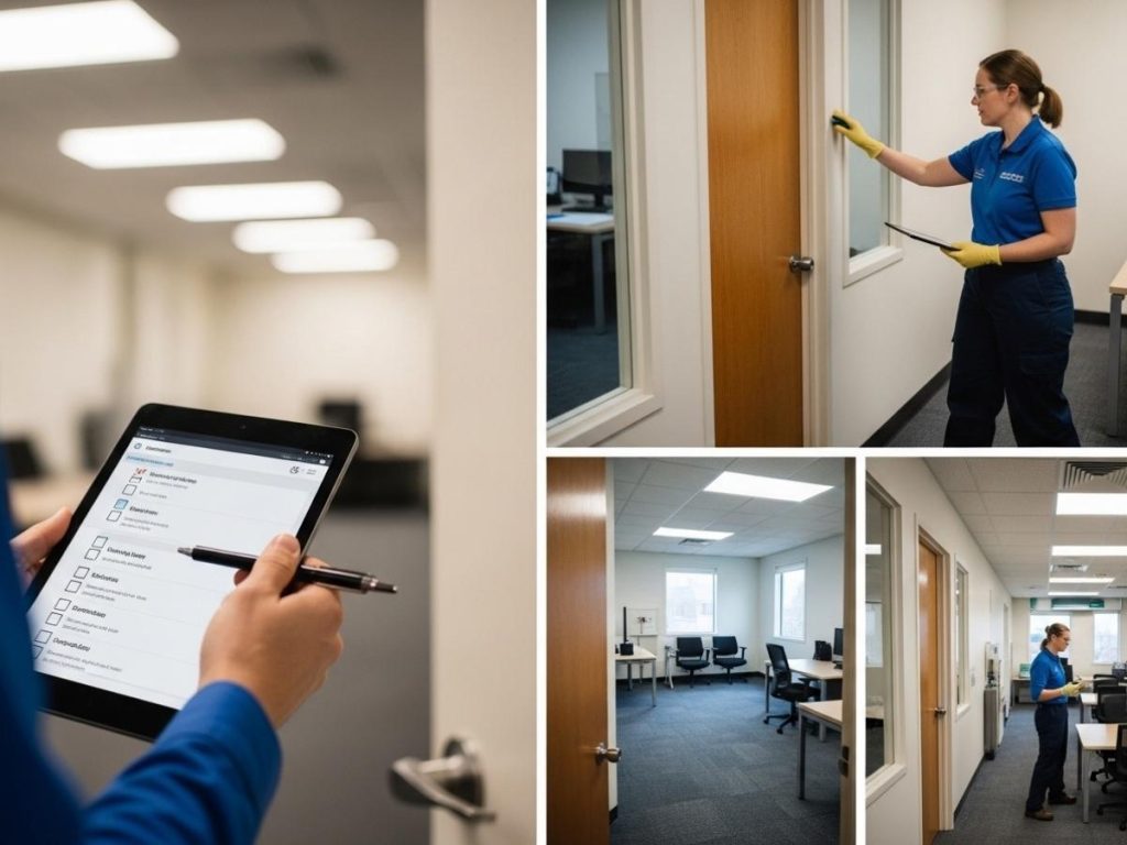 Facilities auditor inspecting commercial spaces and documenting cleaning requirements room by room