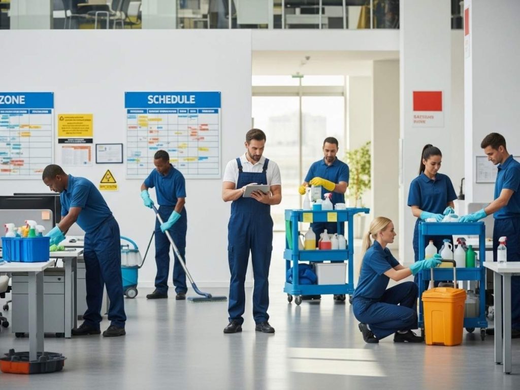 Cleaning supervisor managing staff and coordinating tasks in a structured commercial facility environment