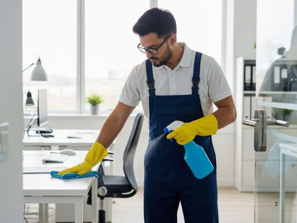 Office cleaner disinfecting high-touch surfaces in a modern workspace to maintain hygiene and safety.