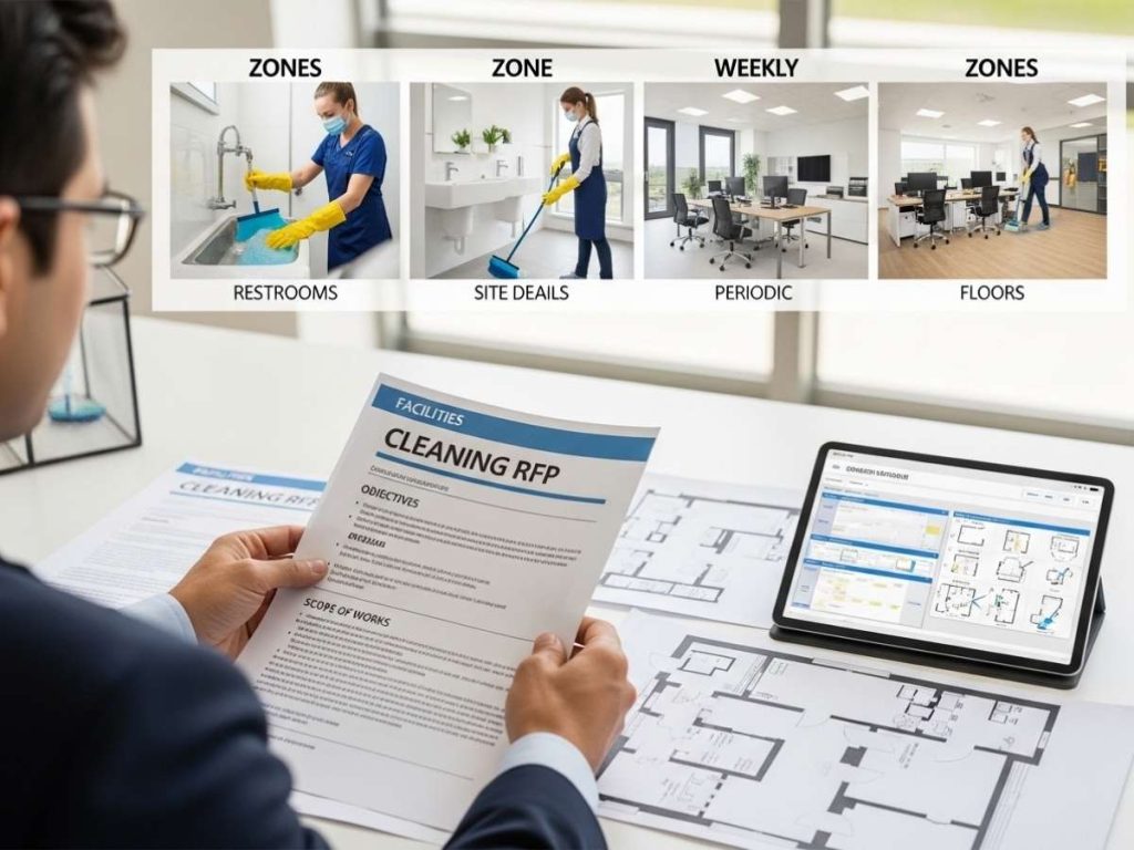 Facilities manager reviewing a structured cleaning RFP with scope of works, floor plans, and visible cleaning activities in a commercial building