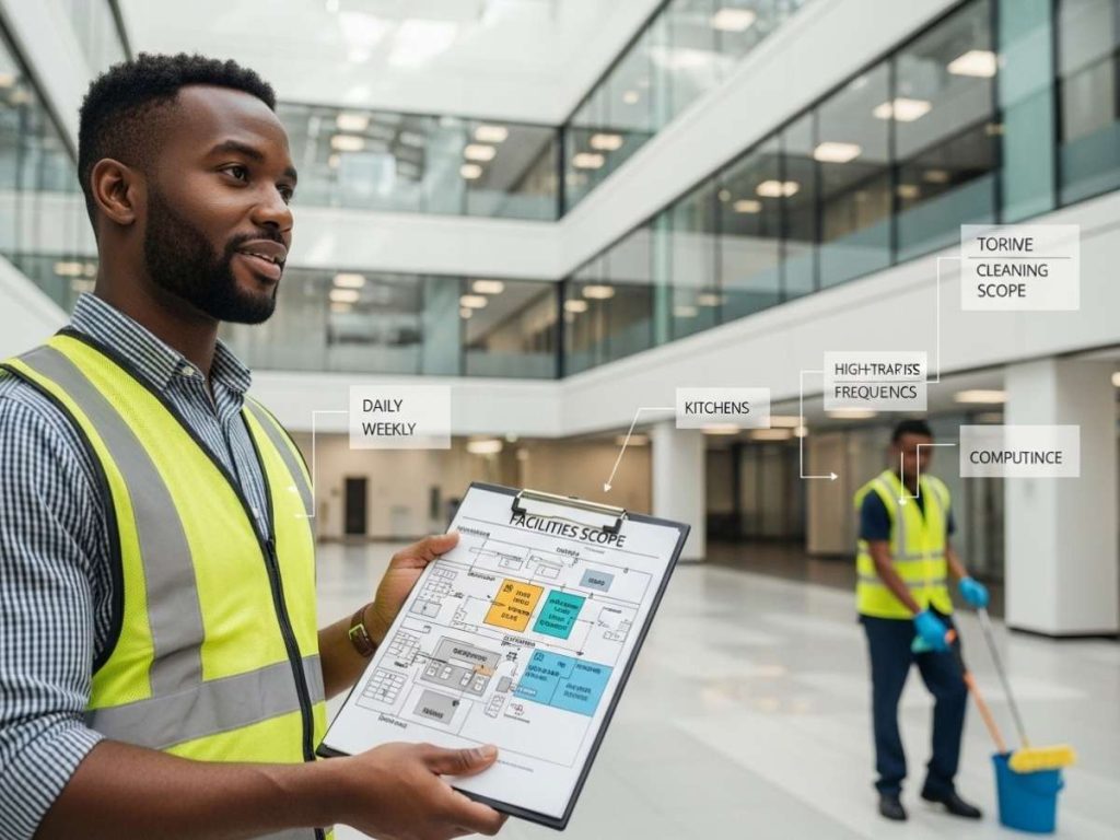 Facilities manager defining cleaning scope of works with checklist in a multi-tenant commercial building