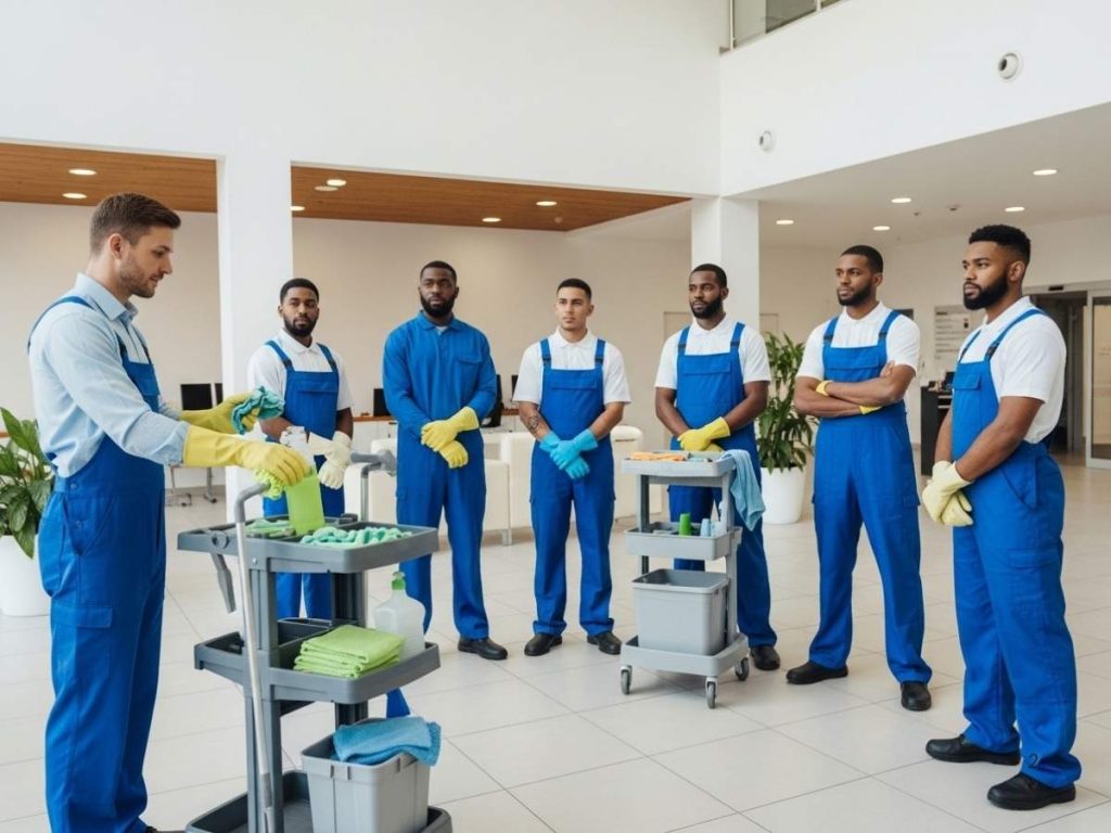 Cleaning supervisor training staff in proper procedures inside a modern commercial facility lobby.
