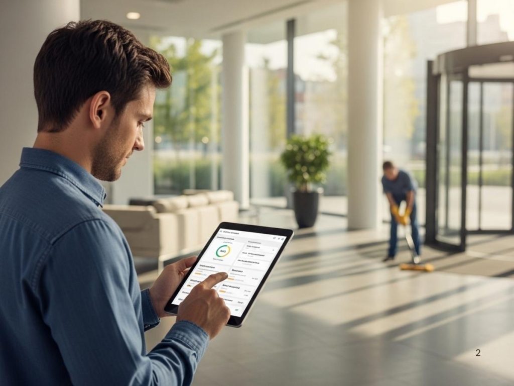 Facility manager evaluating commercial cleaning performance metrics in a modern office environment.