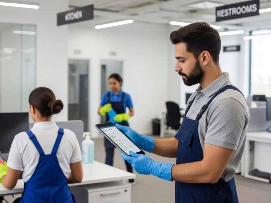 Cleaning supervisor inspecting office cleaning work using a digital checklist for quality control