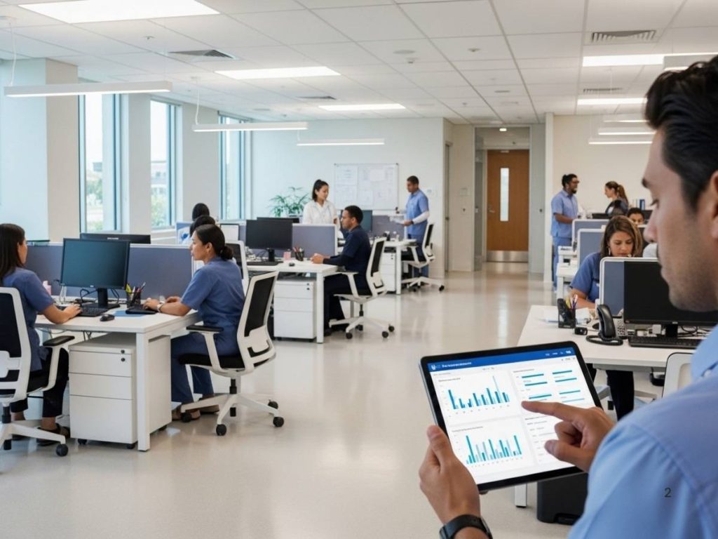 Clean and efficient office or medical facility with staff working productively and manager reviewing cleaning performance metrics.