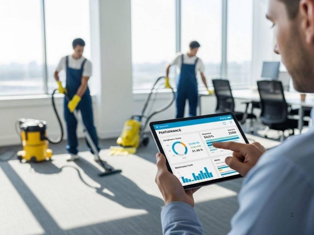 Facility manager reviewing cleaning KPIs on a tablet while staff perform commercial cleaning tasks in a modern office.