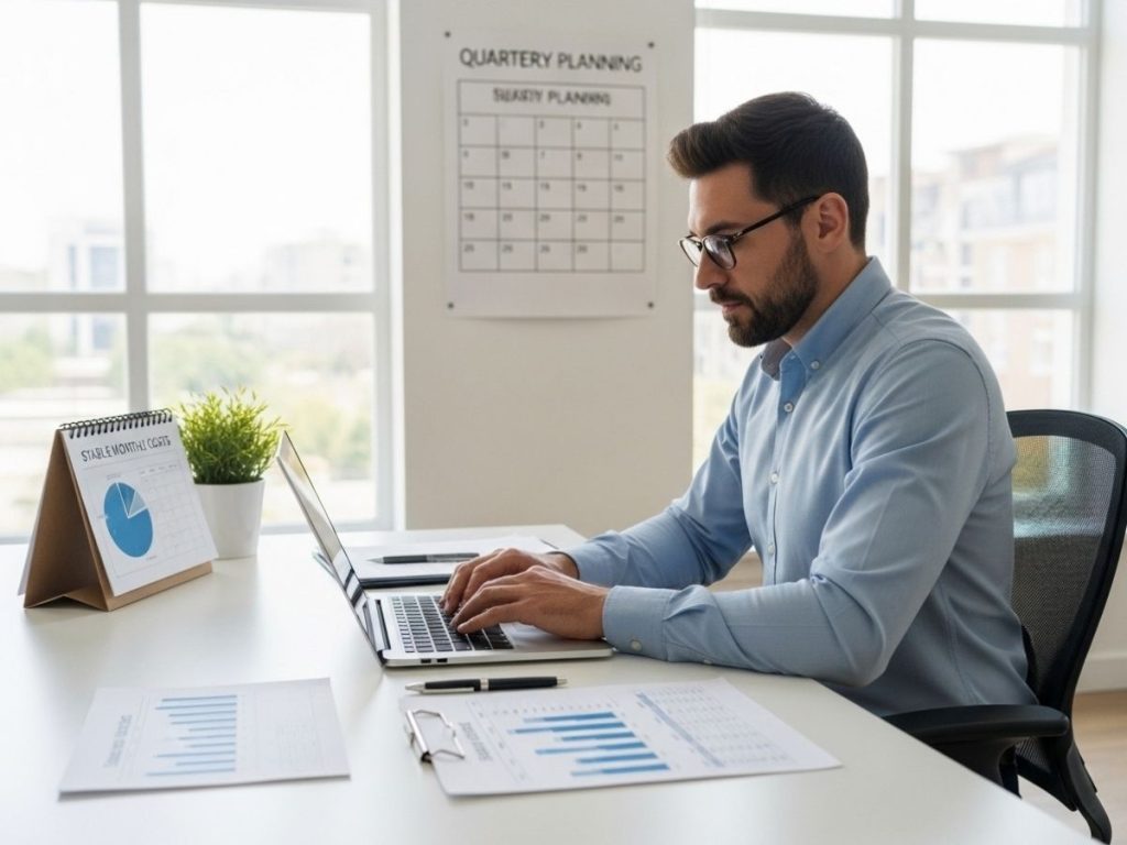 Facility manager reviewing stable budget reports and predictable monthly costs in a modern office setting