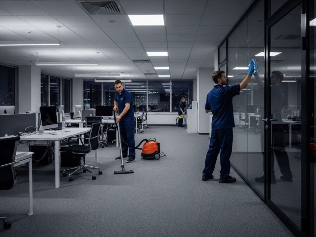 After-hours office cleaning staff maintaining a quiet, empty workplace at night