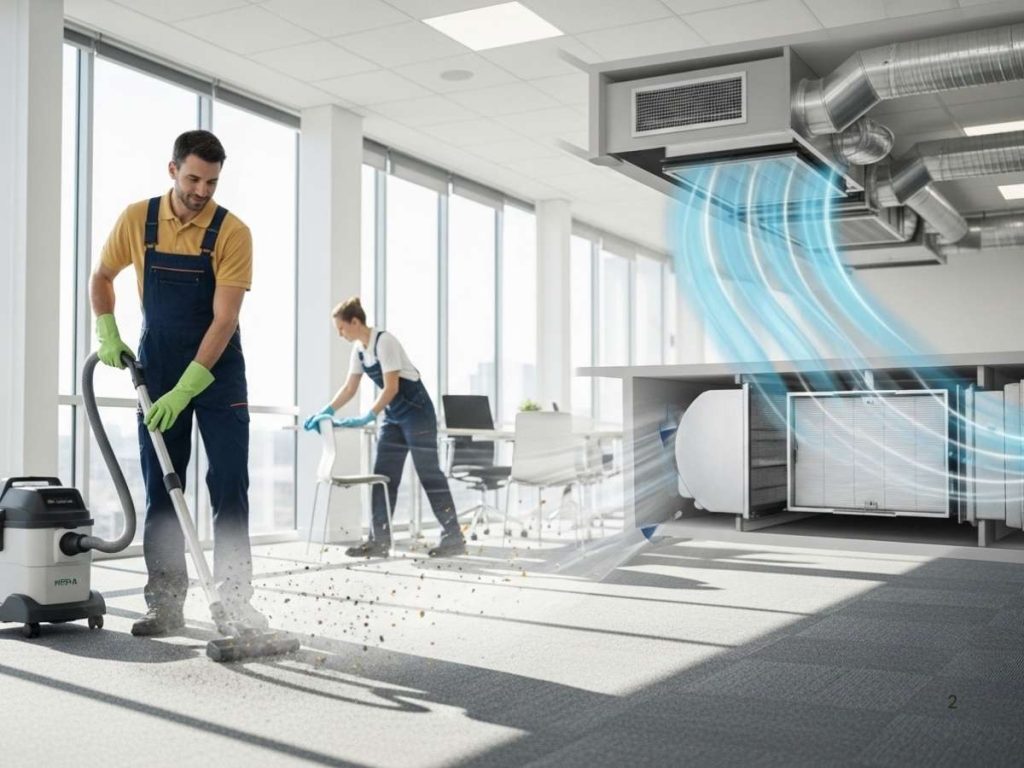 Commercial cleaning with HEPA vacuum and microfiber tools improving HVAC airflow and indoor air quality.