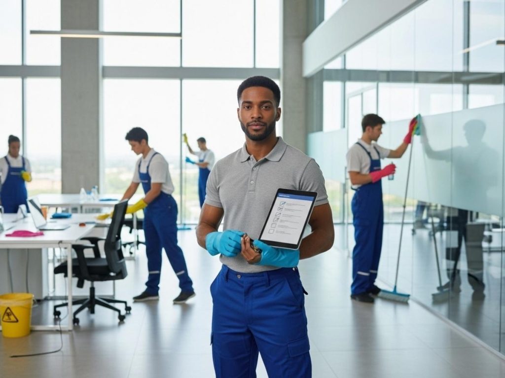 Commercial cleaning supervisor inspecting a professional team working in a bright, modern office environment
