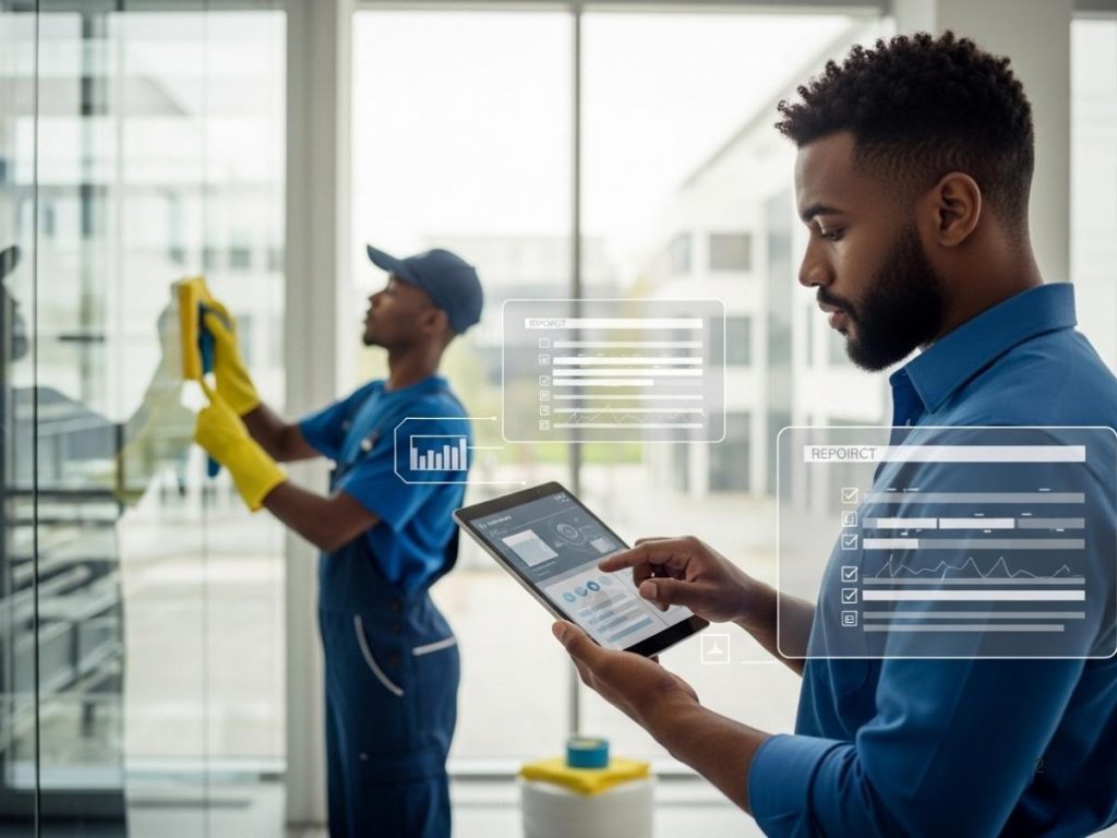 Cleaning supervisor reviewing inspection data while staff perform commercial cleaning in a modern office environment.