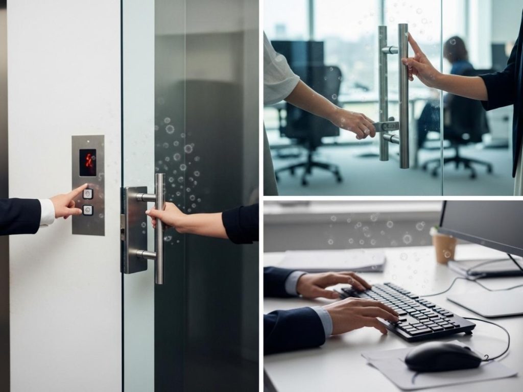 High-touch surfaces in an office showing how germs spread through shared environments.