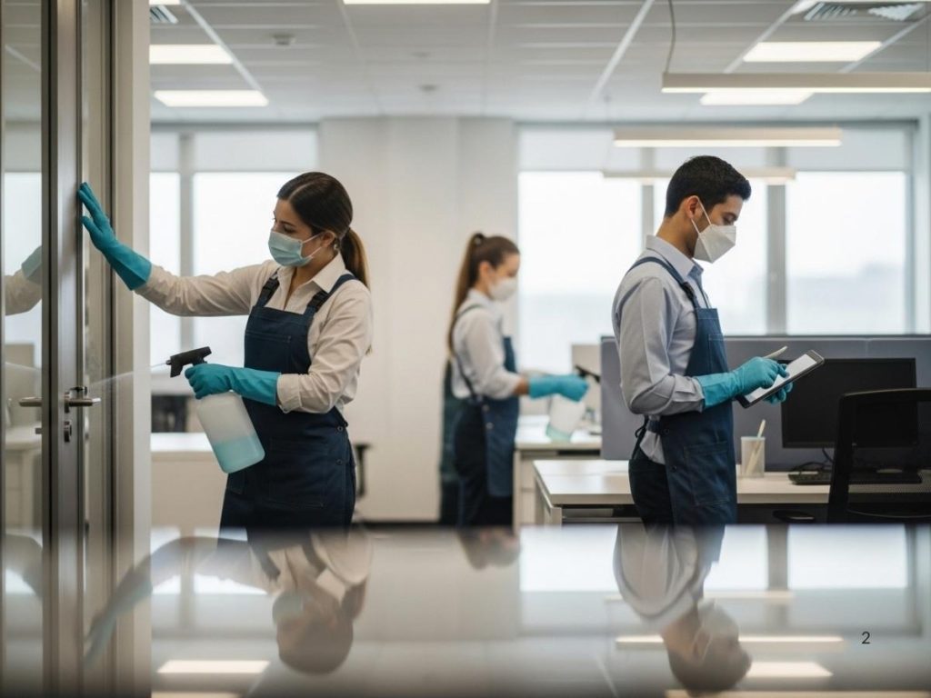 Professional cleaners following a structured sanitising program in a modern office setting.