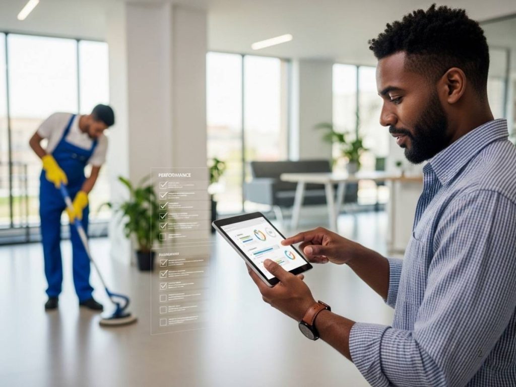 Facility manager analyzing cleaning performance data while staff maintain a commercial building interior.
