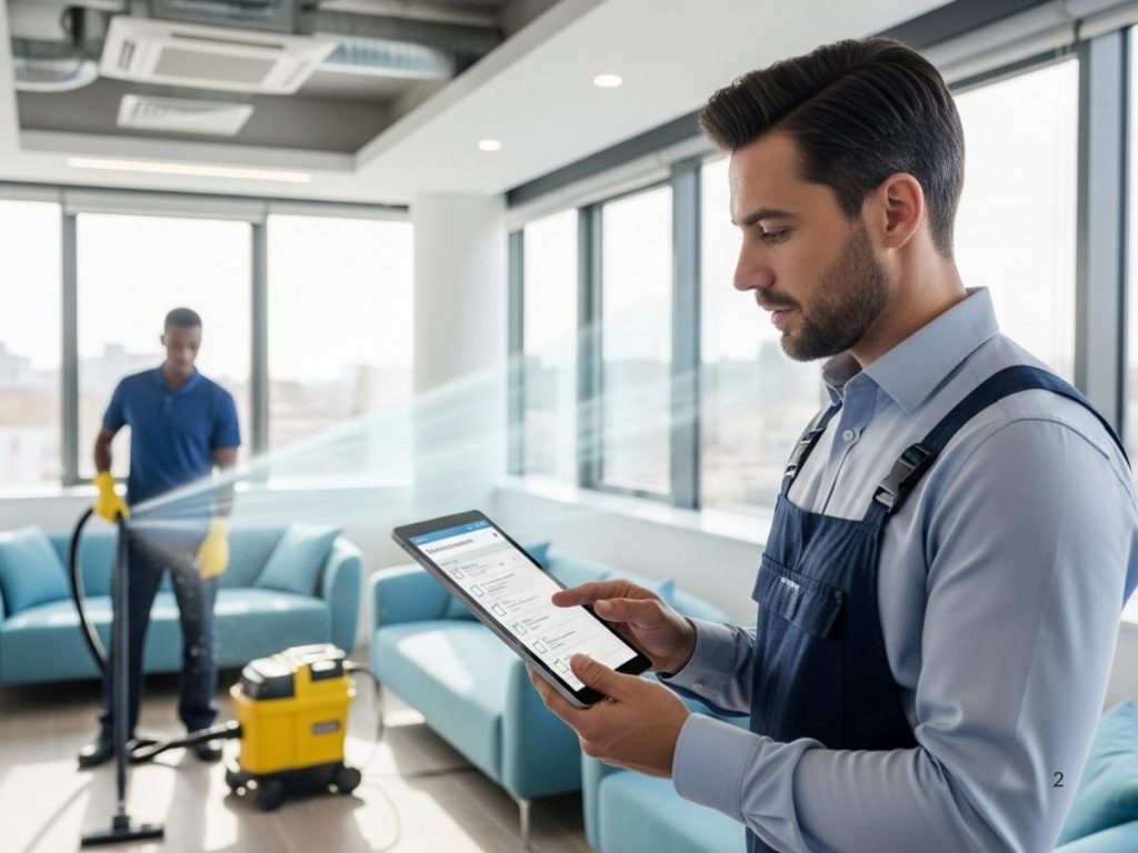 Facility manager evaluating cleaning quality and air standards in a modern office environment.