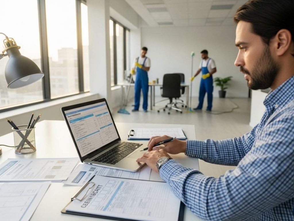 Facility manager evaluating after-hours cleaning provider using checklist and compliance documents