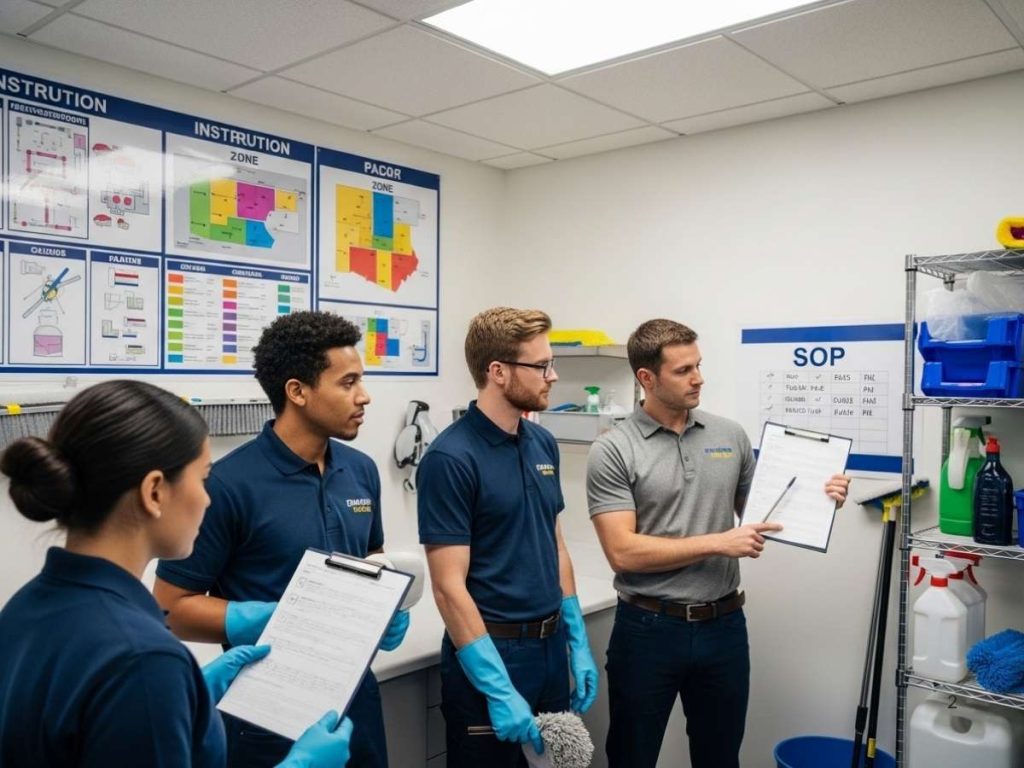 Commercial cleaning staff using SOPs, checklists, and visual guides in an organized cleaning room.