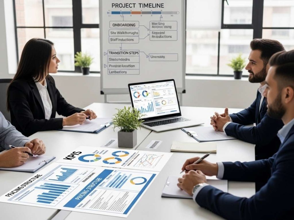 Facilities team reviewing cleaning contract KPIs, pricing structure, and transition plan with performance dashboards in a modern office