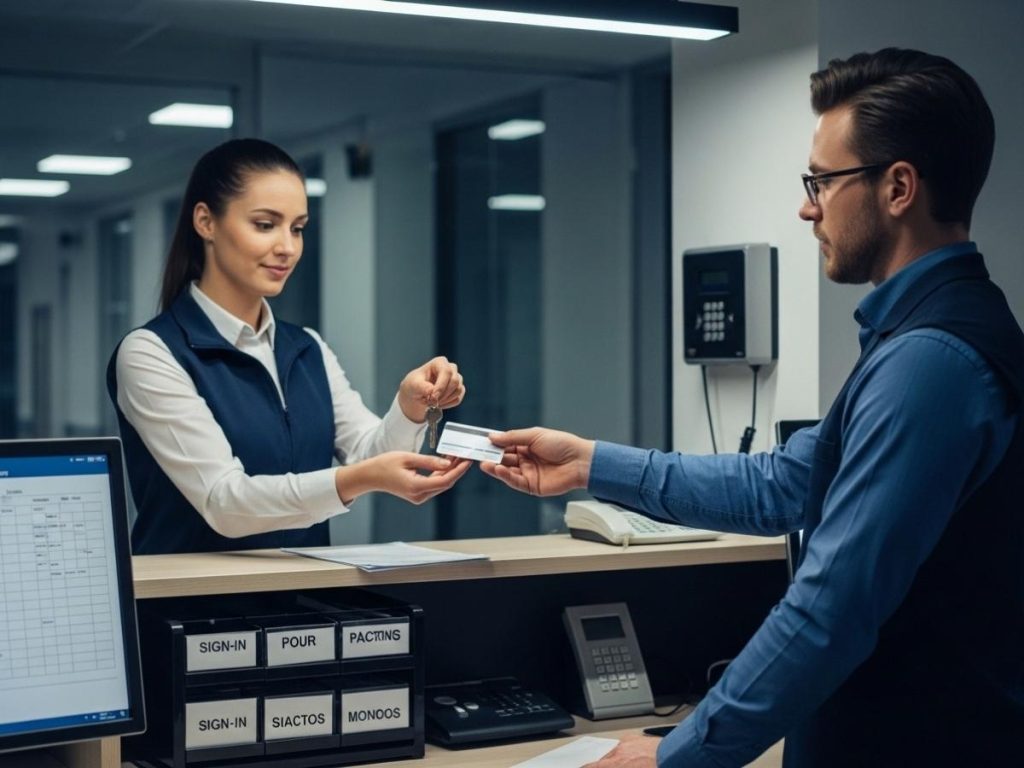 Cleaning staff exchanging keys and access credentials during a secure facility handover process