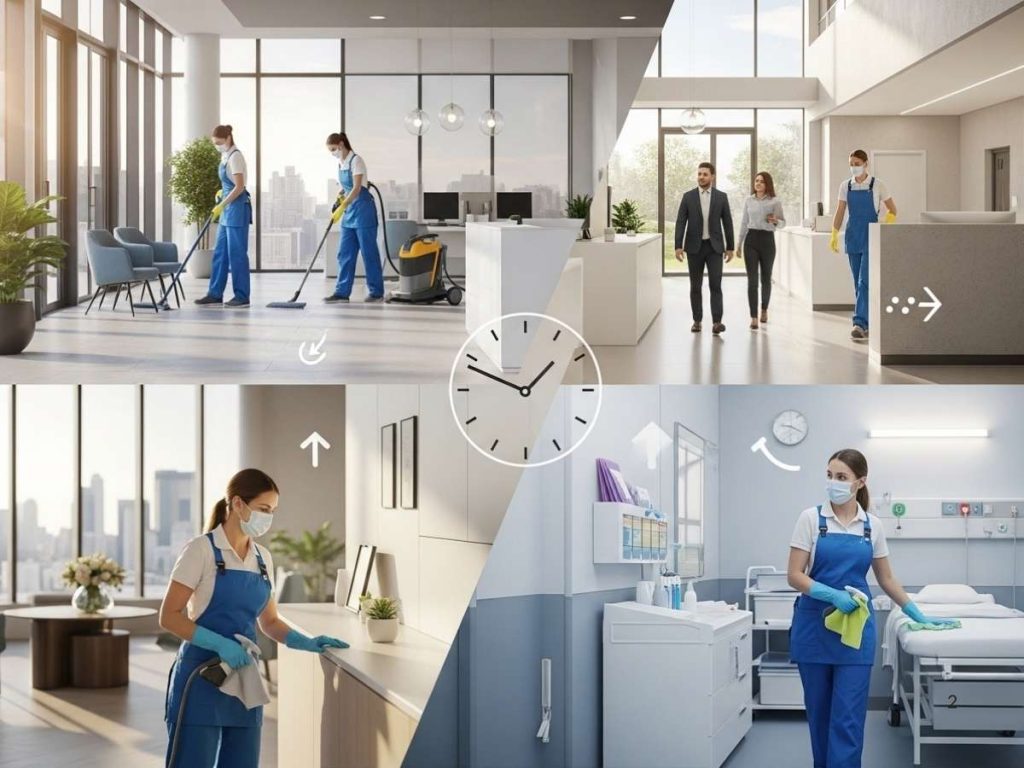 Cleaning teams coordinated with business workflows across office, medical, and public spaces throughout the day.