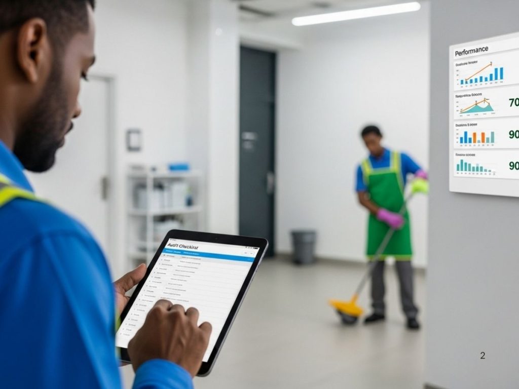 Supervisor auditing cleaning performance with digital checklist and visible quality metrics in a commercial facility.