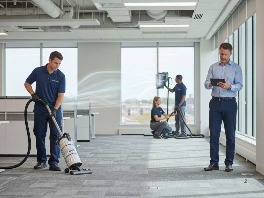 Facility management team maintaining air quality and cleanliness in a modern commercial building.